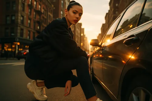 Beautiful girl in stylish clothes sitting next to a car on an urban street