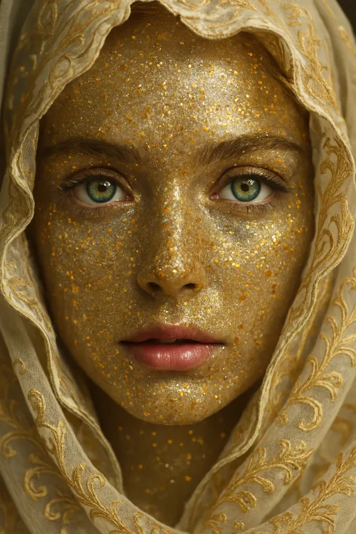 Retrato de una chica con maquillaje dorado y un pañuelo en la cabeza