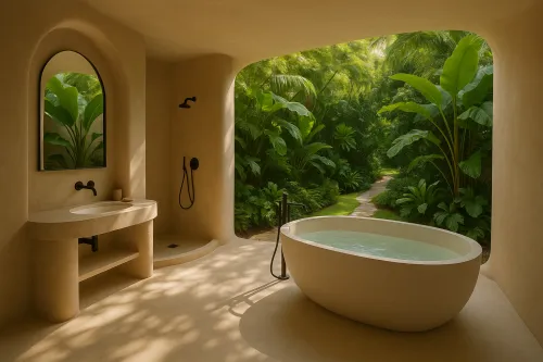 Elegant bathroom with an oval bath and tropical vegetation outside the window