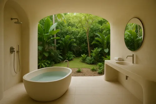 Elegante baño con espacio abierto y plantas verdes afuera de la ventana