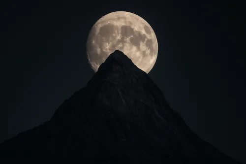 Powerful mountain with a full moon on the horizon in the darkness of the night
