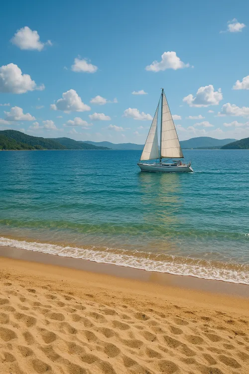 Yacht with white sails against a turquoise sea and cloudy sky