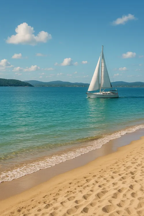 Yate en aguas tranquilas con una playa de arena y nubes en el cielo