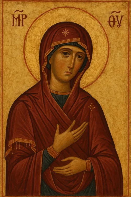 Icono de la Virgen con imagen en ropa roja sobre fondo dorado