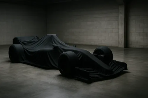 Formula 1 car hidden under a black cover in a garage