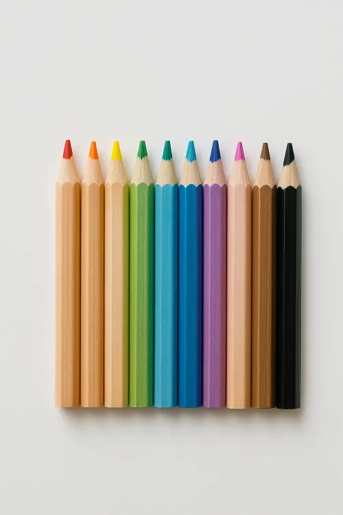 Ten colored pencils of various shades arranged on a white background
