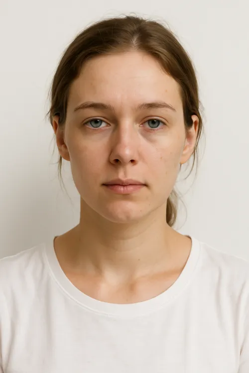 Woman in a white t-shirt with a neutral face against a solid background