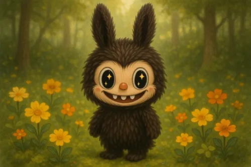 Encantador animalito con grandes ojos en un fondo de flores brillantes