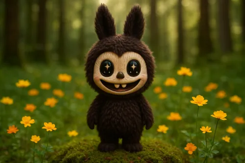 Cute Doll with Big Eyes among Blooming Flowers in the Forest