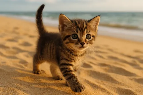 Un pequeño gatito rayado pasea por la arena de la playa