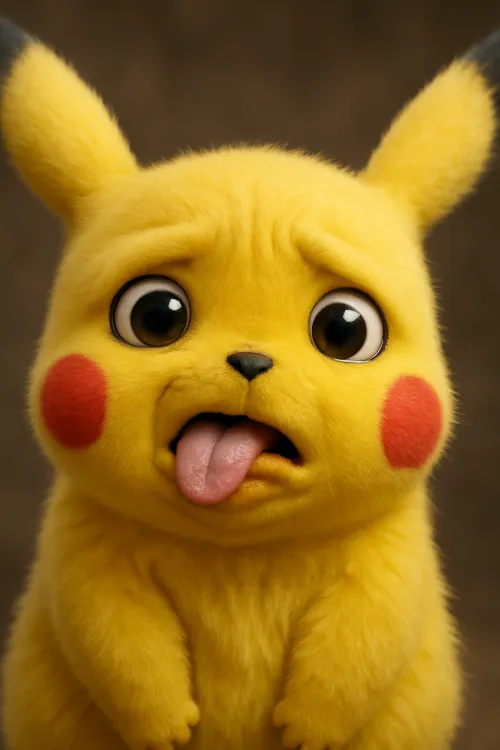 Pikachu looks very funny with its tongue out and a sad expression