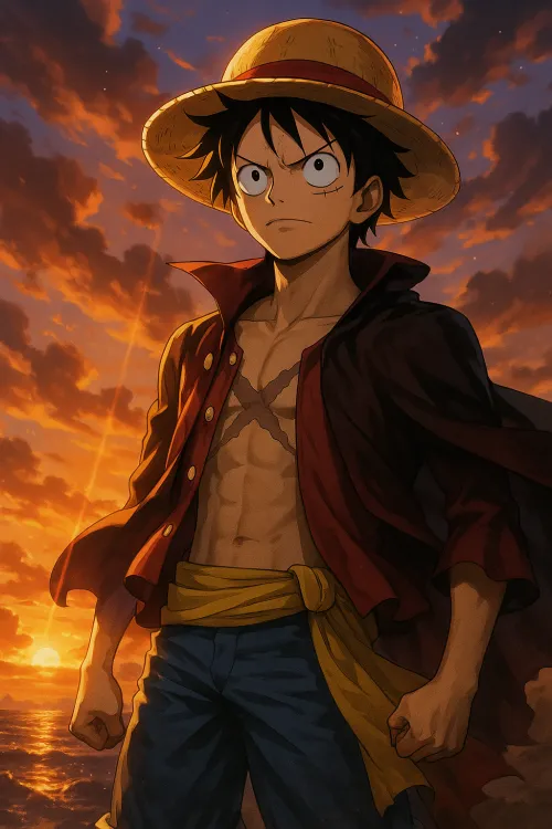 Pirate Boy with a Hat Against the Bright Sunset Over the Sea