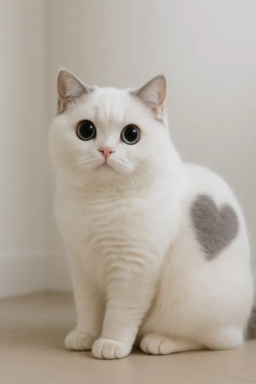 Gato de pelaje blanco con una mancha gris característica en forma de corazón