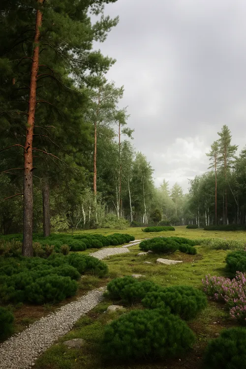 Beautiful path in the forest, surrounded by green bushes and trees