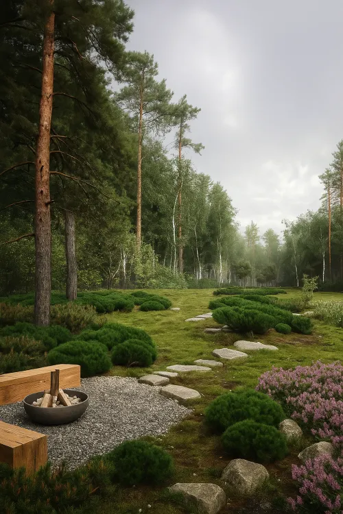 Green garden with a fireplace and stone path among the trees