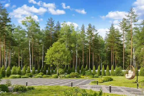 Image of a well-maintained landscape featuring trees, green plantings, and a patio