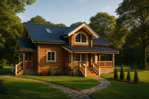 Country house with wooden facade and green landscape around