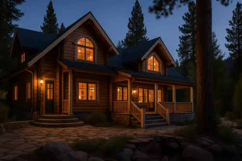 View of a cozy house with windows glowing in the darkness of the forest