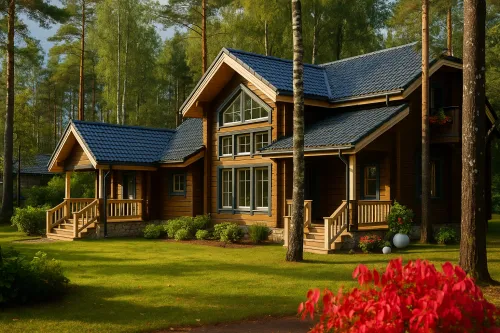 Wooden house with a blue roof among green forest and flowers