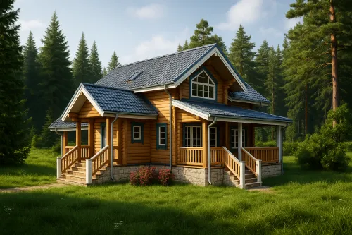 Wooden house with balconies and green lawn surrounding it in the forest