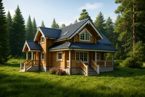 Charming wooden house with a balcony and roof against a backdrop of pines