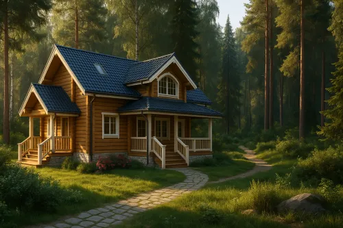Beautiful wooden house against the backdrop of a forest with sunlight