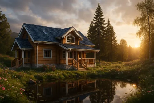 Casa de madera con terraza contra el atardecer y el bosque