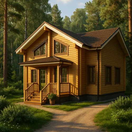 Casa de madera con ventanas de vidrio entre árboles de coníferas
