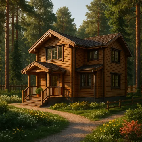 House in a wooded area with wooden finishes and a garden