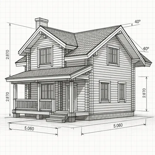 Schematic drawing of a house with dimensions and architectural elements