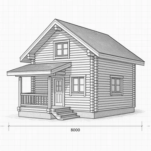 Drawing of a log country house with a covered terrace