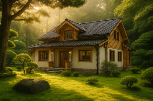 Wooden house with a well-maintained garden and green plants