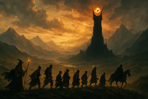 A group of travelers moves towards the threat of the Dark Tower against the backdrop of sunset