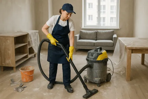 A woman is cleaning the room with a vacuum cleaner while wearing yellow gloves