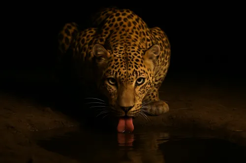 Lion leaning towards the water, extending its tongue to the surface in the dark
