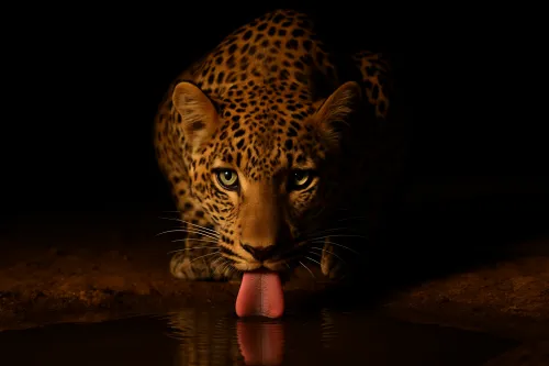 Lion leaning towards water with its tongue extended in a dark setting