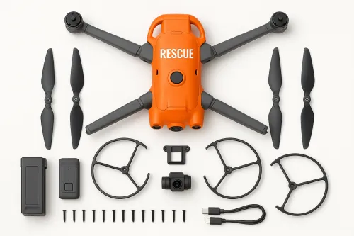 Equipment of the rescue drone with propellers and accessories