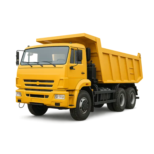 Yellow dump truck with an open bed, ready for loading