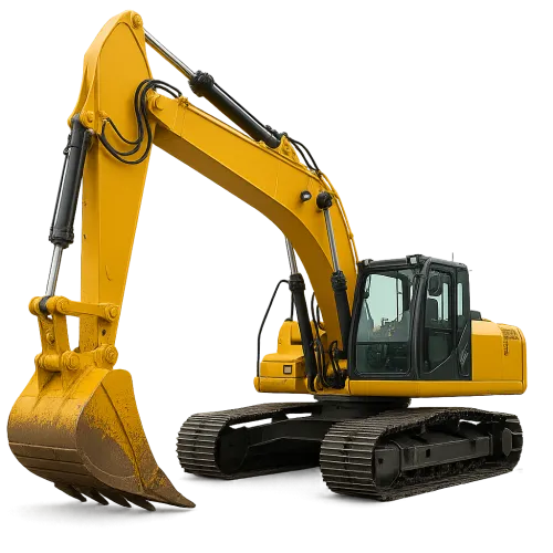 Yellow excavator on a black background with a large digging bucket