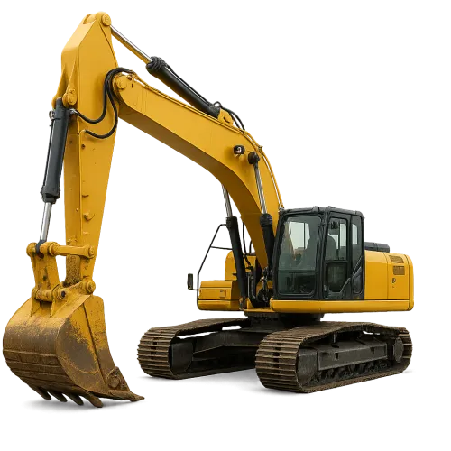Yellow excavator with a bucket ready for work
