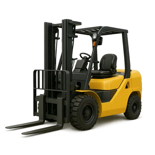 Yellow hydraulic forklift with black wheels and frame