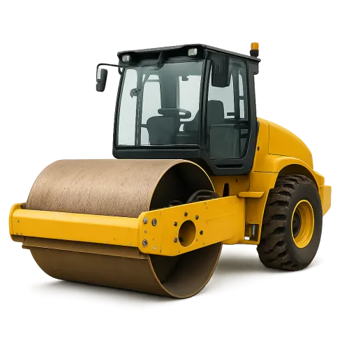 Yellow roller with a smooth front drum used in construction