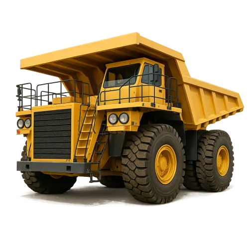 Yellow dump truck with a large cargo area used in quarries