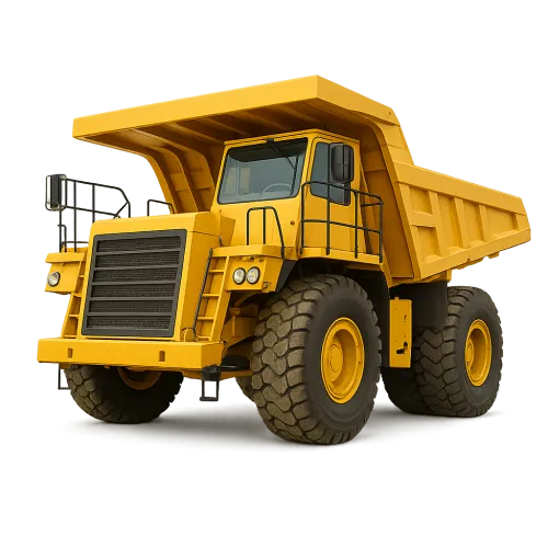 Dump truck with a high cabin and large wheels