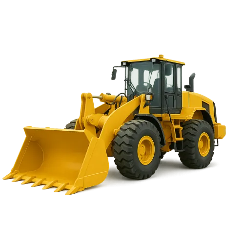 Cargo excavator with a bucket and large wheels on a black background.