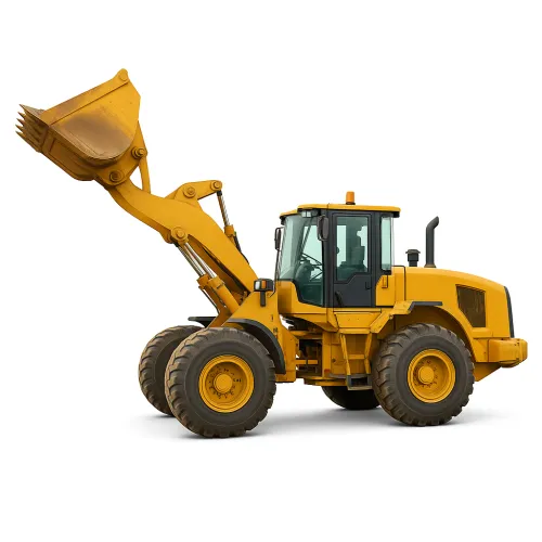 Yellow Excavator with a Large Bucket Against a Construction Background
