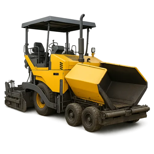 Yellow asphalt paver with large wheels on a black background