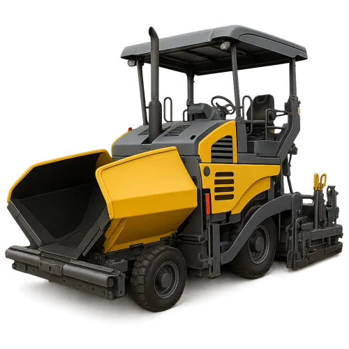 Compact road paver with a yellow asphalt basket