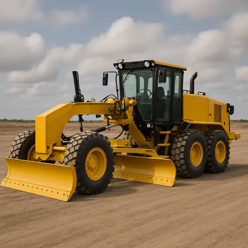 Yellow grader used on construction site for leveling the surface