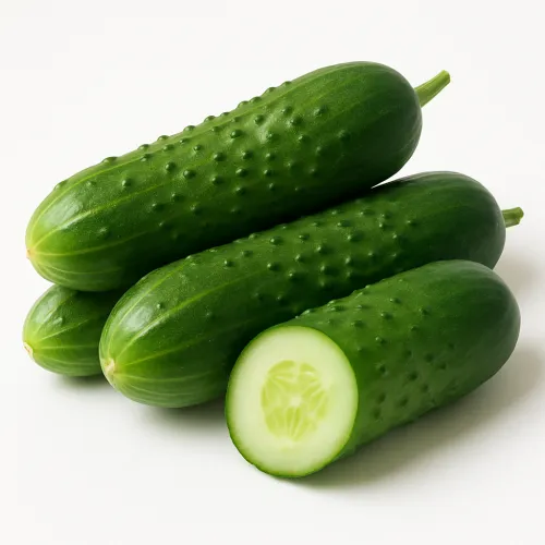 Several fresh cucumbers and one sliced on a white background